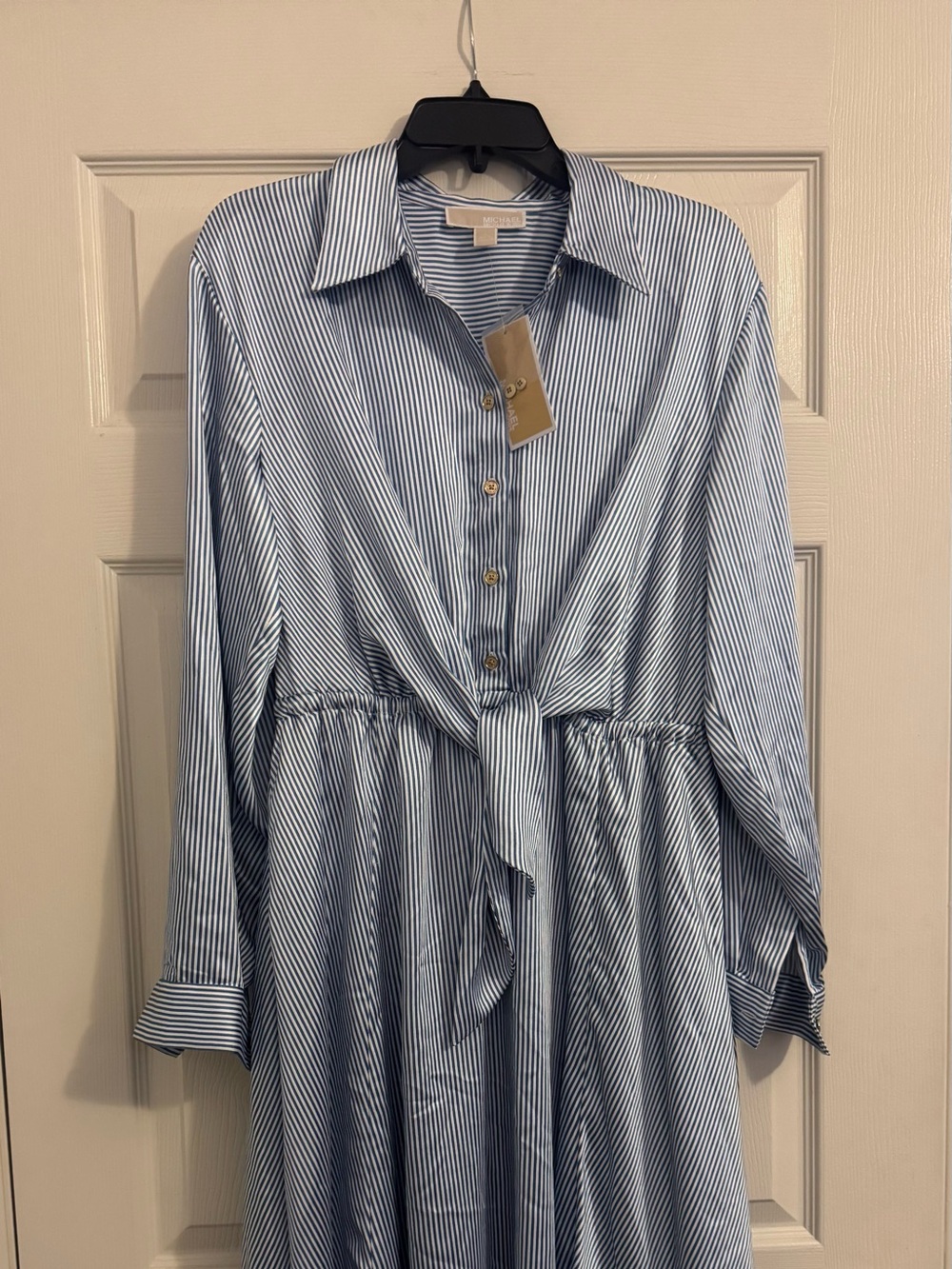 Blue and White Striped Tie-Front Shirt Dress